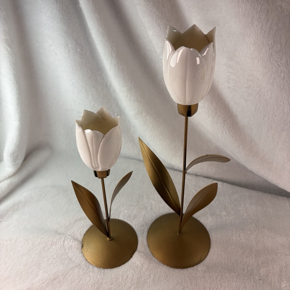Vintage Brass & Ceramic Tulip Candle Holder Set Shabby Chic Hollywood Glam EVC - Picture 4 of 15